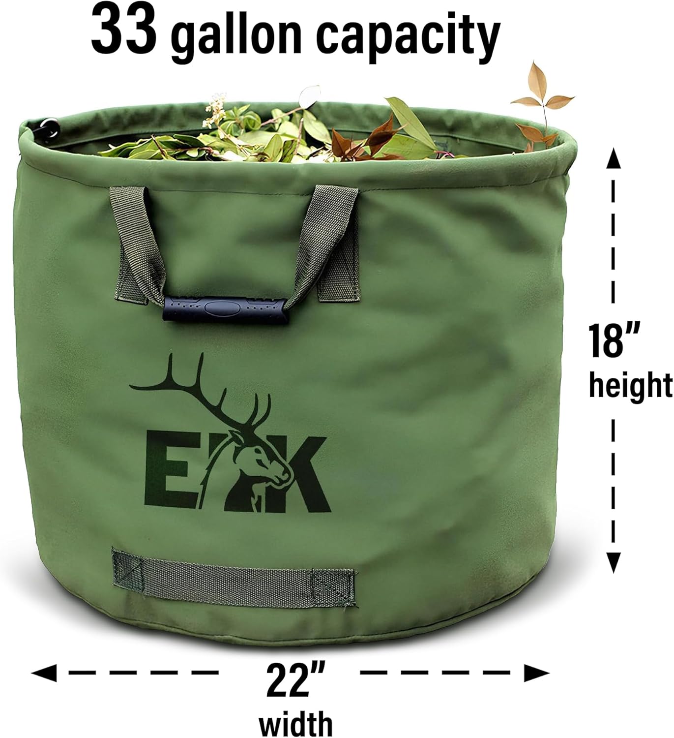 ELK 33-Gallon Non Self-Standing Multipurpose Garden Leaf Waste Bag - Durable Canvas for Yard Cleaning, Harvesting, and Storage - Heavy Duty with Rubber Handles and PVC Elastic Bone - 22" W x 18" H