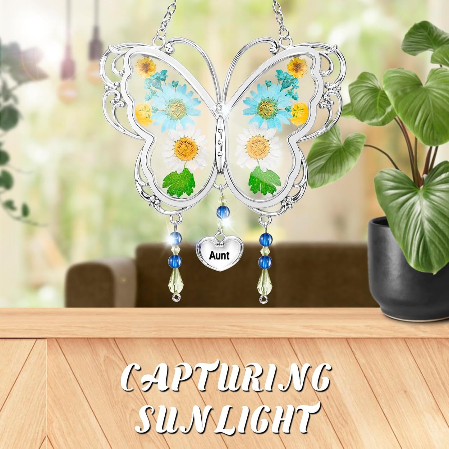 LARAINE Butterfly Suncatcher with Pressed Flower Wings Mom Mother's Day Butterfly Glass Wind Chime Ornament Charm with Metal Heart Gifts for Mom Grandma Aunt Birthday (Aunt, Blue)
