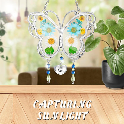 LARAINE Butterfly Suncatcher with Pressed Flower Wings Mom Mother's Day Butterfly Glass Wind Chime Ornament Charm with Metal Heart Gifts for Mom Grandma Aunt Birthday (Aunt, Blue)