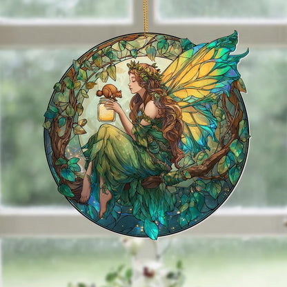 Fairy Ornament Acrylic Suncatcher – Enchanted Forest Fairy Sitting in Circle with Squirrel, Stained Glass Style Window Hanging Decor, Christmas Ornament Gift for Women, Fantasy Home Decor, (Sun-34)