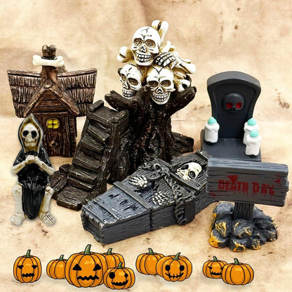 Halloween Miniature Figurines - 18Pcs Resin Ghost Tombstones Skull Heads Scene Ornaments Halloween Garden Accessories Mini Figurine Decorations for Outdoor Statues Home Village Crafts Decor