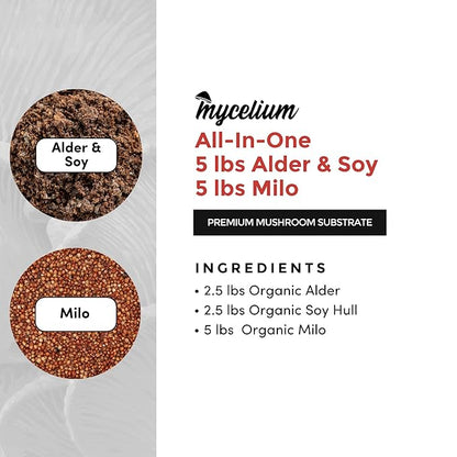 Mycelium Gourmet Mushroom All-in-One Bag - Premium Organic 10LB Blend of Alder & Soy Hull Substrate with Sterilized Milo Grain - Perfect for Variety of Wood-Loving Mushrooms - Home Growing Made Easy