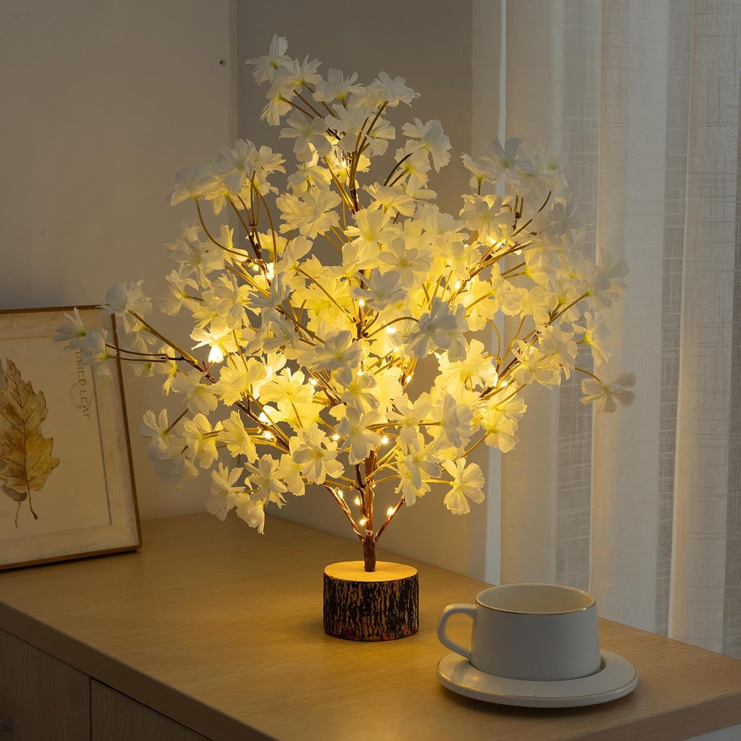Lighted Cherry Blossom Tree Artificial, 19 Inch Faux Bonsai Tree Japanese Decor, Battery Operated Floral Desktop Tree for Indoor Home Spring Summer Easter,White