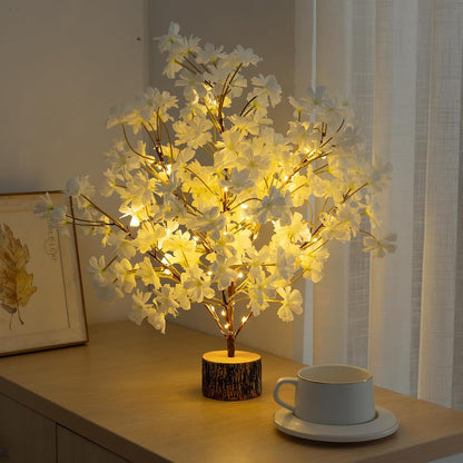 Lighted Cherry Blossom Tree Artificial, 19 Inch Faux Bonsai Tree Japanese Decor, Battery Operated Floral Desktop Tree for Indoor Home Spring Summer Easter,White
