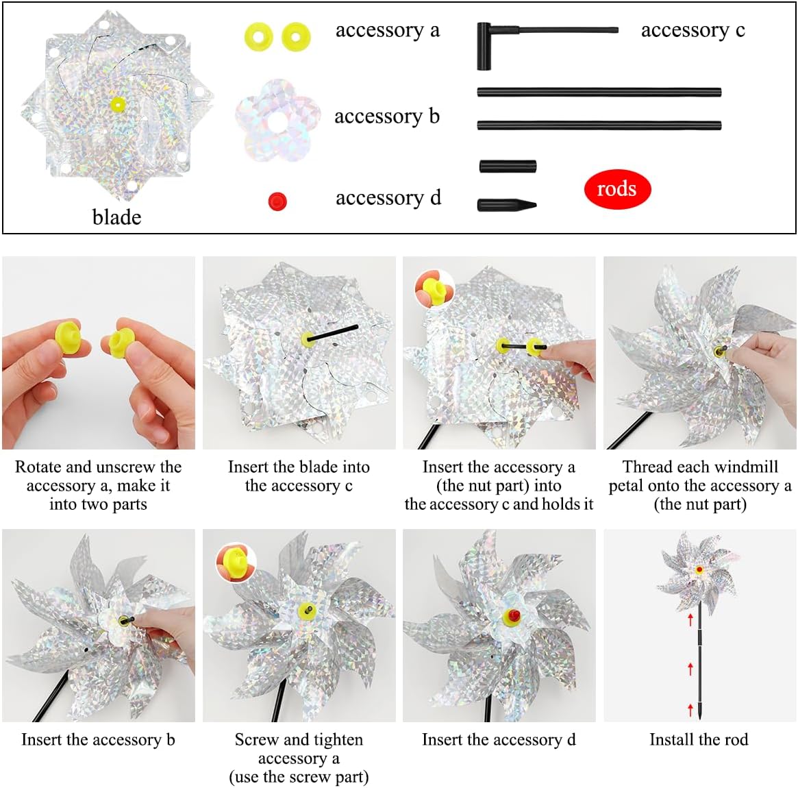 6Pcs Sparkly Pinwheels for Yard and Garden, Reflective Silver Wind Spinners Yard Decorations Outdoor Windmill, 9.5in Garden Pinwheels to Scare Birds, Silver