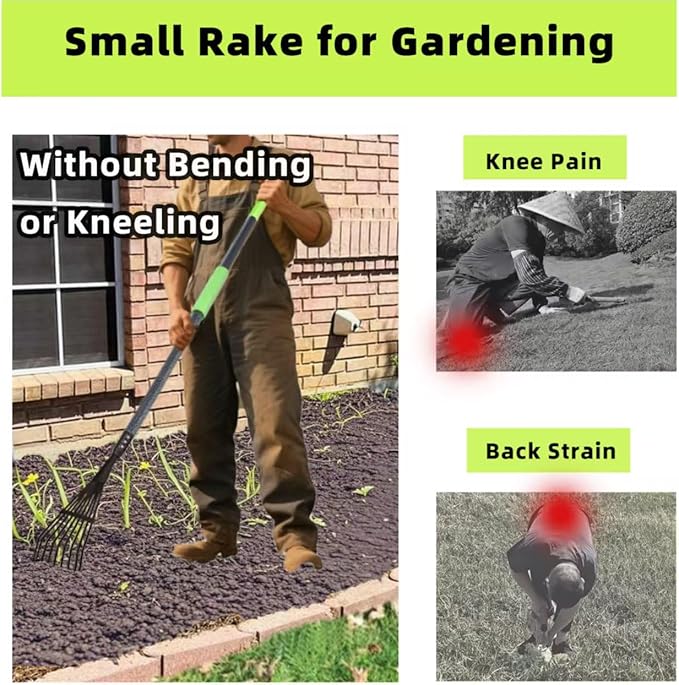 Garden Rake for Leaves, 48" Metal Leaf Rake with Foam Soft Foam Grip, 9 Tines Small Narrow Rakes with Adjustable Long Handle, Rakes for Lawns Gardening Yard Flower Bed Grass Mulch Shrub Camping