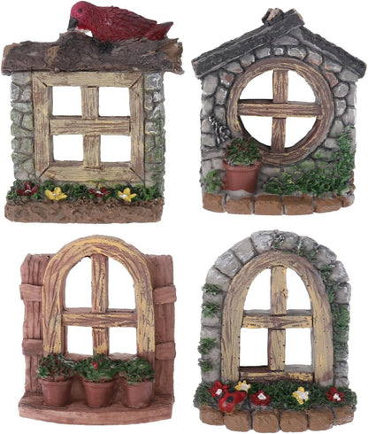 VOSAREA 4PCS Fairy Garden Windows and Door Set - Miniature Resin Gnome House Accessories for Outdoor Decor - for Trees Yards and Micro Landscapes