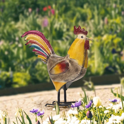 MODE HOME 2 Piece Metal Rooster Yard Decor Set, 12" Outdoor Chicken Statue for Garden, Farmhouse and Patio, Hand-Painted Metal Chicken Figurine, Rustic Chicken Yard Art and Outdoor Rooster Decor