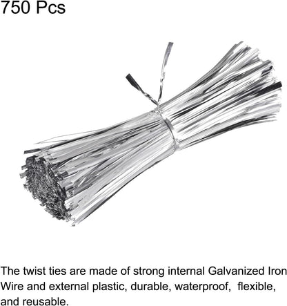 MECCANIXITY Foil Twist Ties 7" 18cm Metallic Plastic Closure Tie for Tying Bread, Candy, Cookies, Gift Bags Arts Crafts Ties Silver Tone Pack of 750