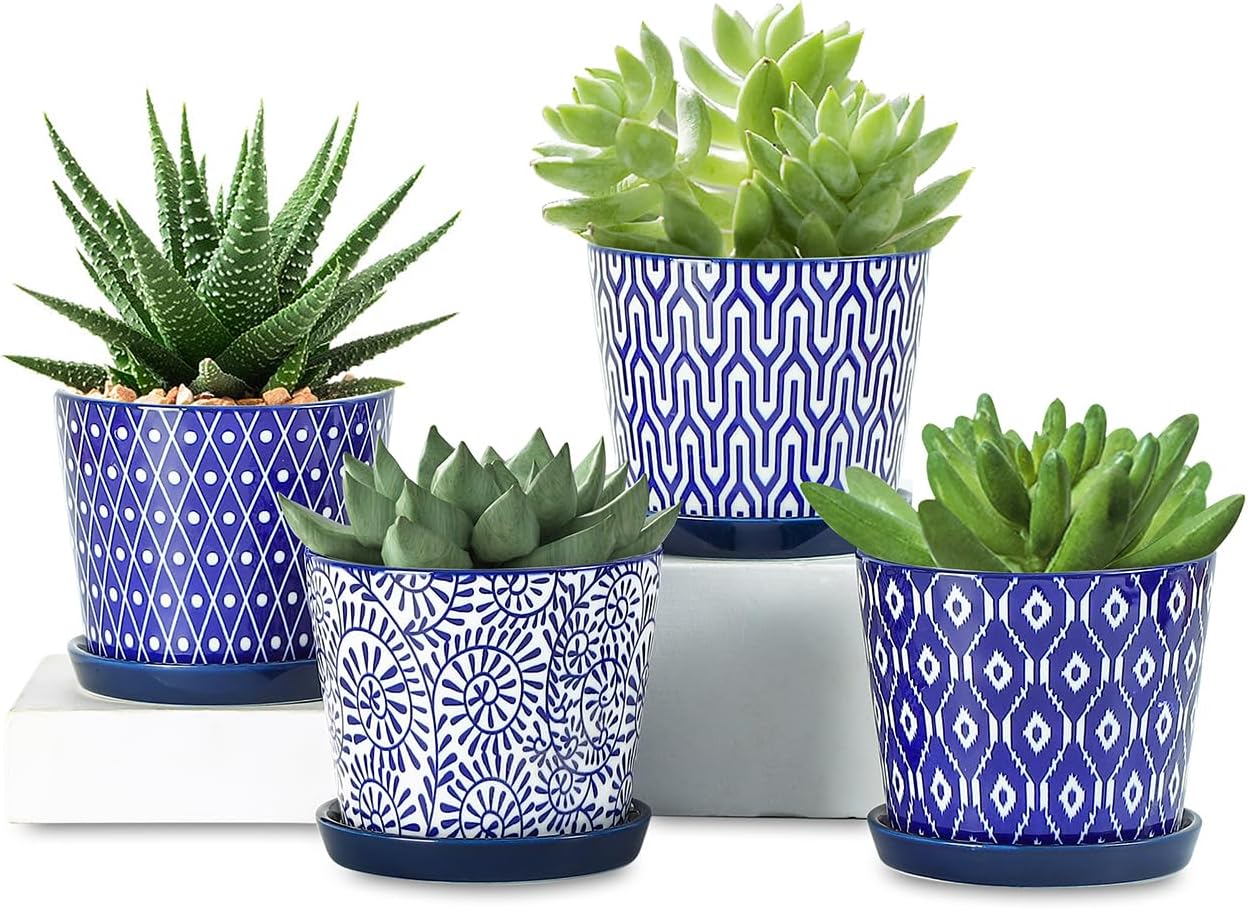 Selamica Ceramic Succulent Pots, 4.3 Inch Small Plant Pots with Drainage Holes and Saucers, Small Flower Pots for Succulent, Cactus, Home Decor, Set of 4, Vintage Blue