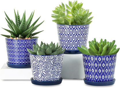 Selamica Ceramic Succulent Pots, 4.3 Inch Small Plant Pots with Drainage Holes and Saucers, Small Flower Pots for Succulent, Cactus, Home Decor, Set of 4, Vintage Blue