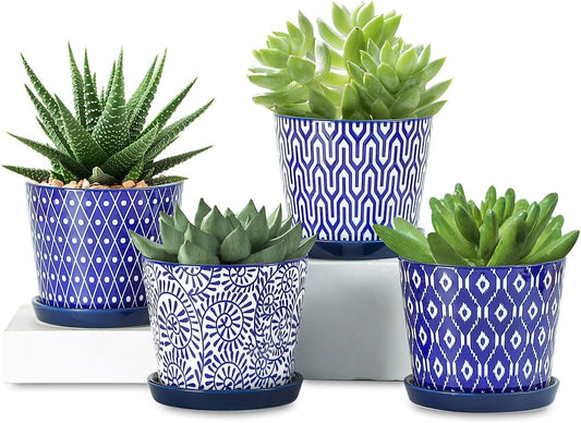 Selamica Ceramic Succulent Pots, 4.3 Inch Small Plant Pots with Drainage Holes and Saucers, Small Flower Pots for Succulent, Cactus, Home Decor, Set of 4, Vintage Blue