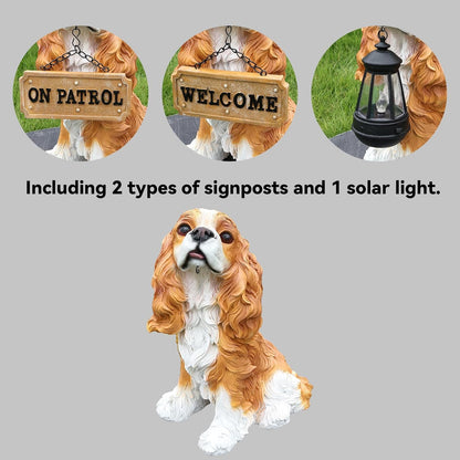 Cavalier King Charles Spaniel Outdoor Dog Statue with Reversible “Welcome/ON Patrol” Hanging Plaque and Solar Porch Lantern, Brown & White Sitting