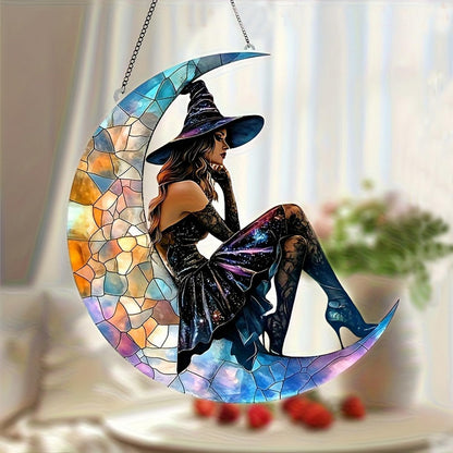 7.8inch Moon Witchs Suncatcher Acrylic Stained Glass Window Hanging Wall Art Ornament Halloween Window Suncatchers Garden Home Indoor Outdoor Decor for Women Friends Party Gift