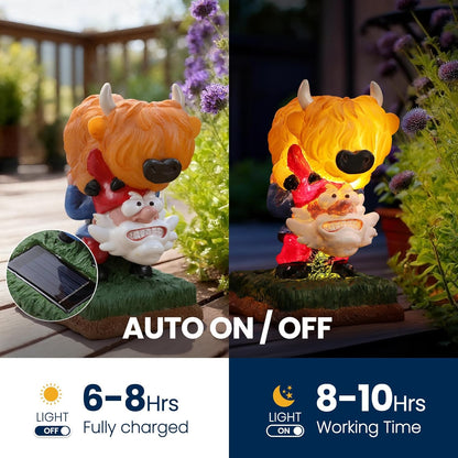 Garden Gnome Statue Highland Cow Gift,Yard Patio Balcony Outdoor Decor Solar Light Figurine, Christmas, Housewarming Gift,Idea Gift for Mom, Neighbor,Gnome Lover