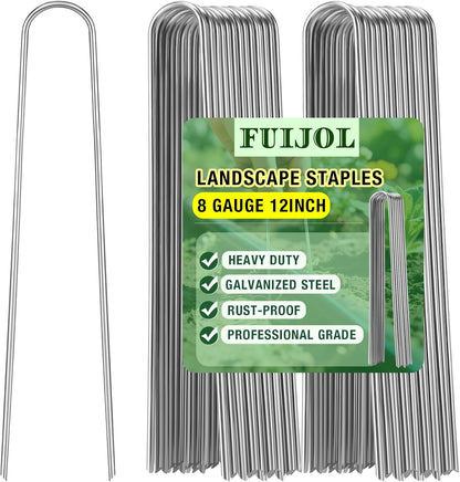 8 Gauge Landscape Staples, FUIJOL 12 Inch Heavy Duty U-Shaped Landscape Stakes, 50 Pack Galvanized Garden Staples for Weed Barrier Stakes, Ground Cover, Irrigation Tubing, Fence (50)