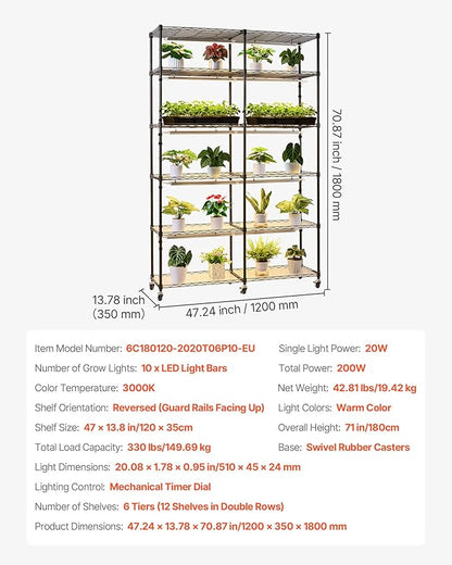 VEVOR Plant Shelf with Grow Light, 6-Tier Double-Row Plant Stand, 71in Tall Indoor Plants Display Rack with Wheels & Timer, 200W Full Spectrum Grow Lights, Metal Flower Pot Holder for Seed Starting