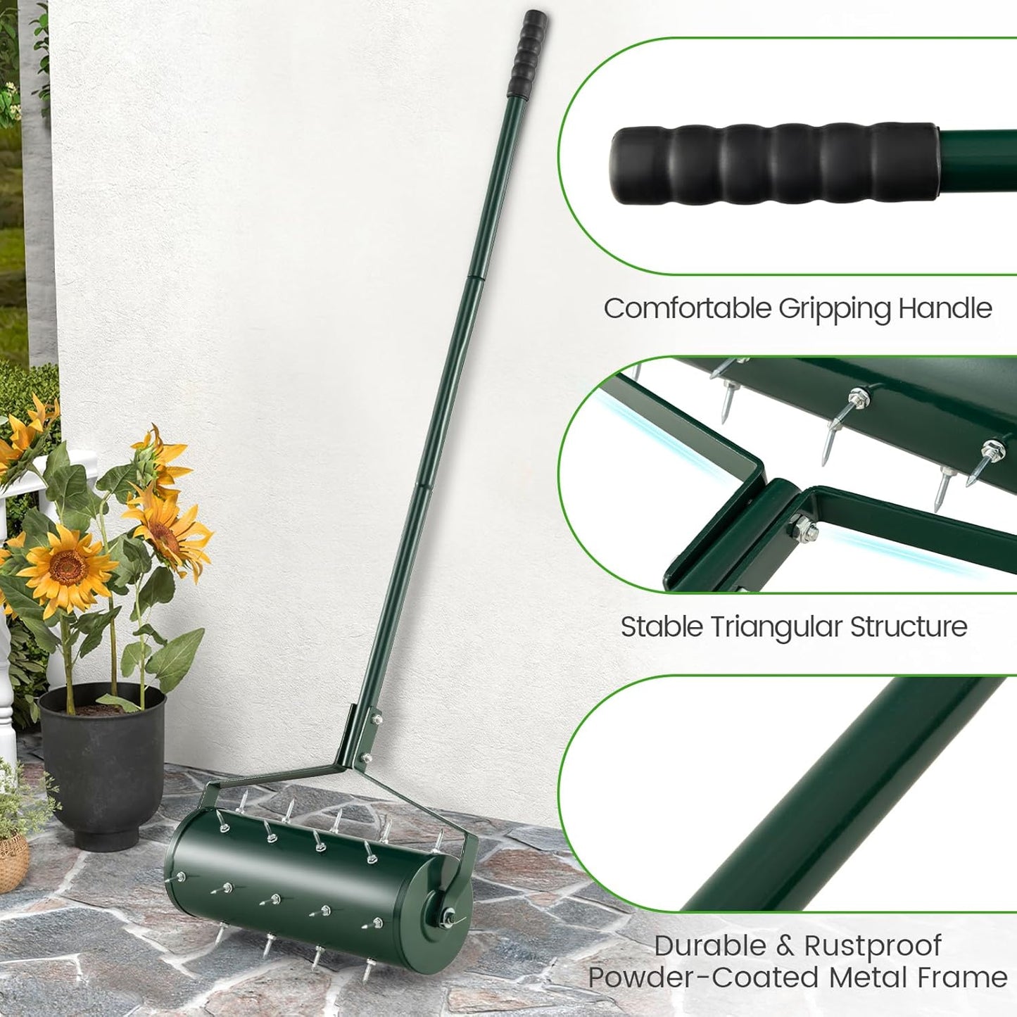 Goplus Rolling Lawn Aerator, 18-Inch Garden Yard Rotary Push Tine Filled Sand Stone, Heavy Duty Spike Soil Aeration w/Metal Handle, Fillable Drum 51" Manual Lawn Aeration Tool Garden Grass Patio Yard