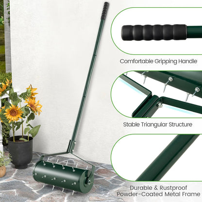 Goplus Rolling Lawn Aerator, 18-Inch Garden Yard Rotary Push Tine Filled Sand Stone, Heavy Duty Spike Soil Aeration w/Metal Handle, Fillable Drum 51" Manual Lawn Aeration Tool Garden Grass Patio Yard