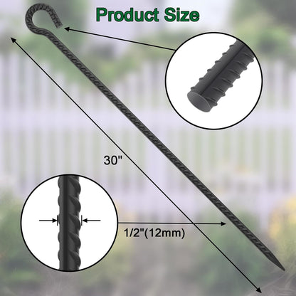 30 Inch Rebar Stakes Heavy Duty 6 Pack Tent Stakes with Loop 1/2 Inch Diameter Tarp Pegs Tree Stakes and Supports Ground Anchors Garden Rope Fence Stakes for Outdoor Camping and Yard, Black