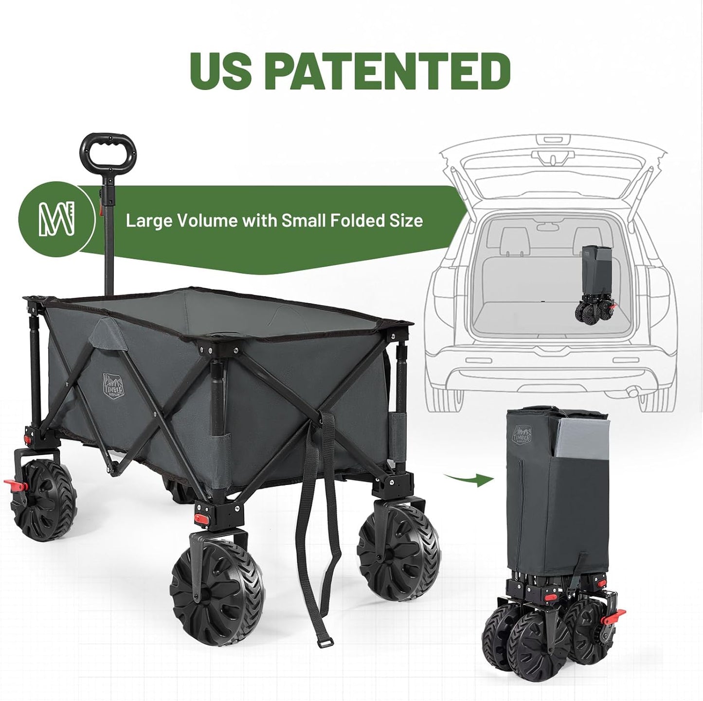 Timber Ridge Outdoor Collapsible Wagon with Brakes Utility Folding Cart Heavy Duty All Terrain Wheels for Shopping Camping Garden with Side Bag and Cup Holders, Grey