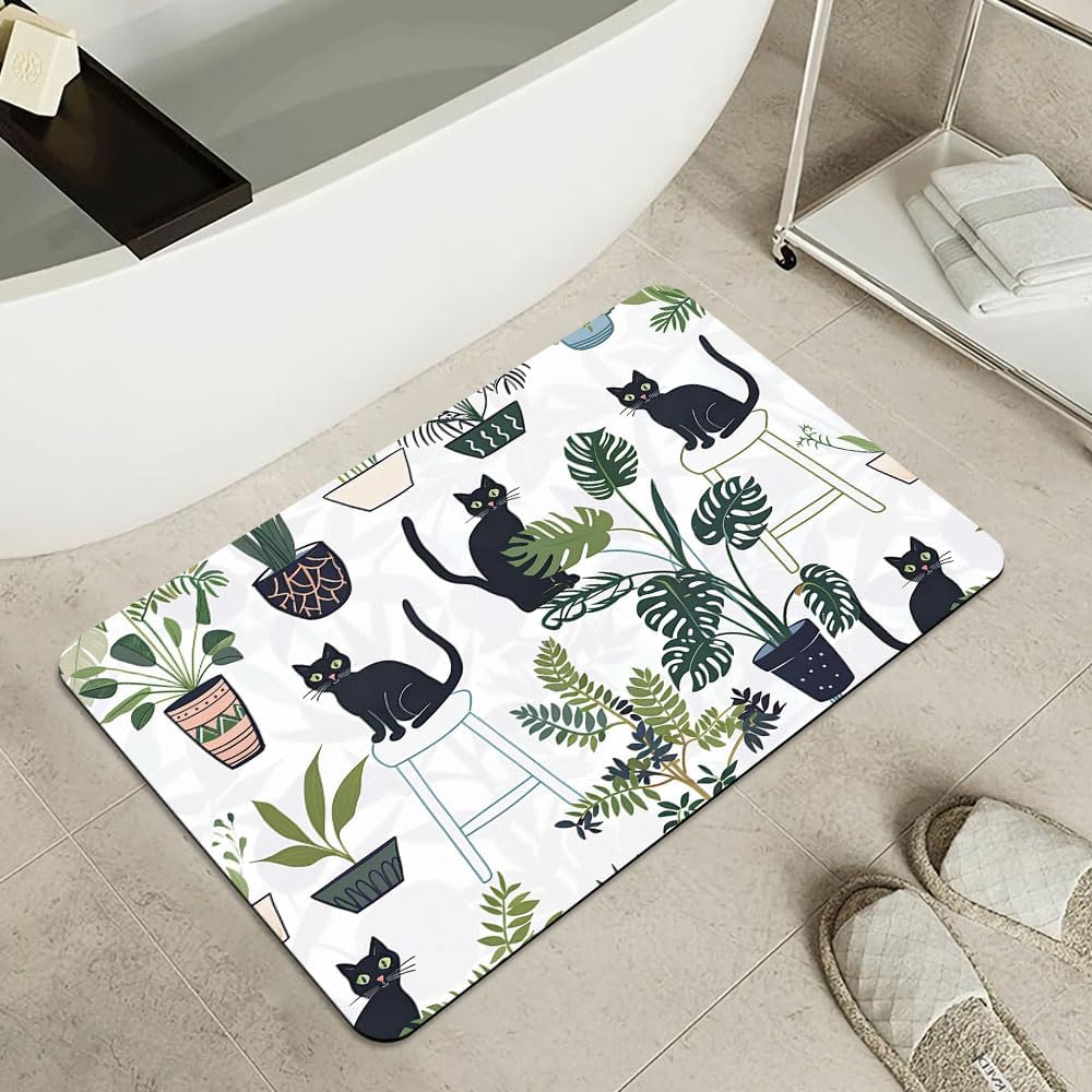 Bath Mat-Bathroom Rug，Cats and Potted Plants-Absorbent Non Slip Quick Dry Stain Resistant Easy to Clean Care Shower Rug for Bathtub Shower Room 17×27.5Inch (43 * 70cm)
