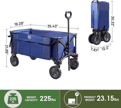 TIMBER RIDGE Tailgate Collapsible Folding Wagon Cart, Heavy Duty Utility Push Pull Beach Wagon Foldable, Outdoor Grocery Cart with Side Pockets for Camping, Garden, Shopping, Holds 225 lbs, Blue
