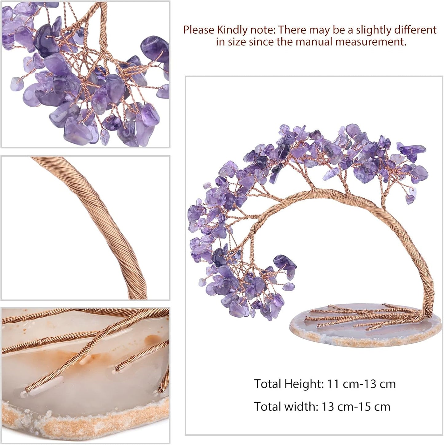 TUMBEELLUWA Reiki Crystal Money Tree with Agate Slice Base Feng Shui Stone Bonsai Tree Figure Decor for Happiness Good Luck and Wealth, Amethyst Stones