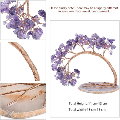 TUMBEELLUWA Reiki Crystal Money Tree with Agate Slice Base Feng Shui Stone Bonsai Tree Figure Decor for Happiness Good Luck and Wealth, Amethyst Stones
