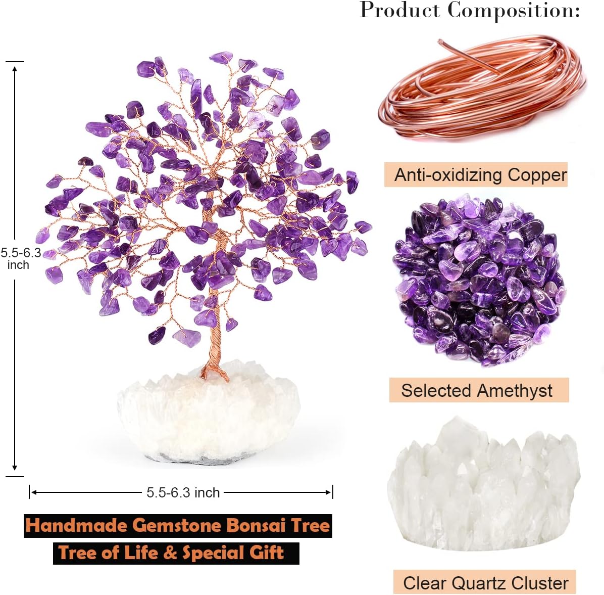 Amethyst Crystal Tree With Clear Quartz Cluster Base, Chakra for Home Decor, Healing Crystals Feng Shui Bonsai Money Positive Energy 5.5-6.3 Inches