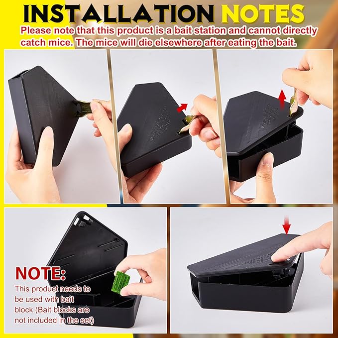 Qualirey 48 Pcs Mice Station with Key Triangle Bait Station Reusable Rodent Trap Bait Box, Keeps Children and Pets Safe Indoor & Outdoor, Bait Not Included, Suitable for Small Mice (Black)