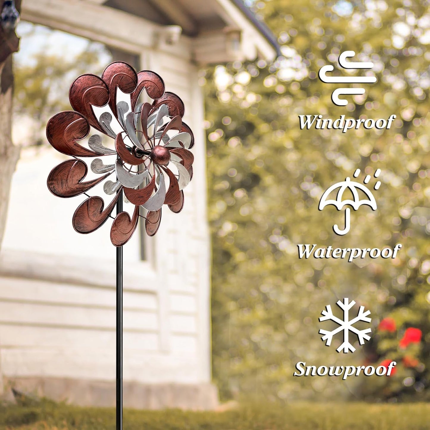 GUAGUA Classical Metal Wind Spinner Outdoor, 360 Degrees Swivel Wind Spinners for Yard and Garden, 74 Inch Kinetic Wind Sculptures Willow Leaves Patio Decor (Bronze & Red)