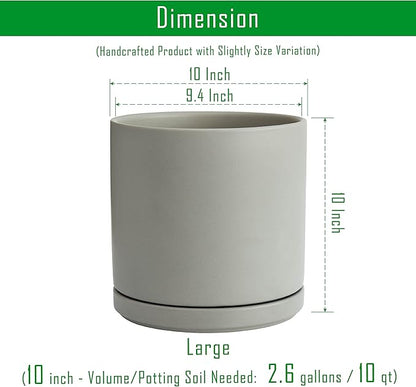 D'vine Dev 10 Inch Ceramic Planter Pot with Drainage Hole and Saucer, Indoor Cylinder Round Planter Pot, Grey, 94-O-E-3