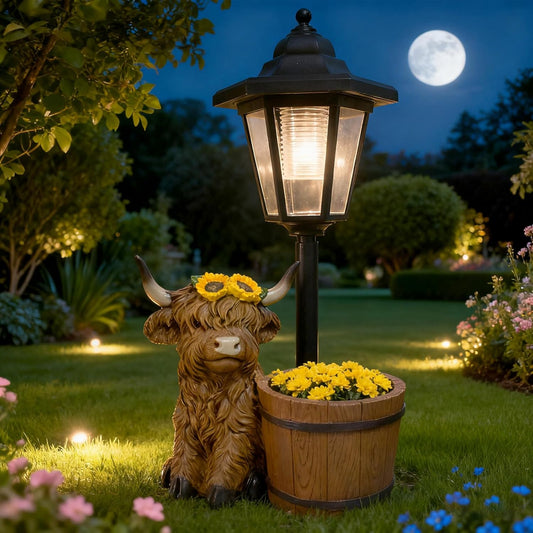 Highland Cow Garden Outdoor Statues with Solar Lights and Flowerpot Decor Animal Figurines Sculptures Resin Outdoor Statues for Patio Yard Lawn Balcony Mom Grandma Gifts
