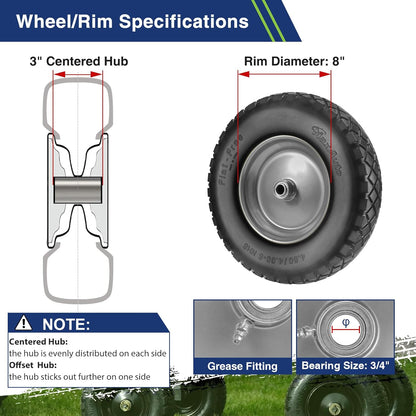 MaxAuto Wheelbarrow Tires 4.80 4.00-8 Flat-Free 4.80/4.00-8 Tire and Wheel w/Grease Fitting, 3" Centered Hub, 3/4" Bearings, 4.80 4.00-8 Tire for Hand Truck, Trolley, Garden Cart, Wagons, Gray