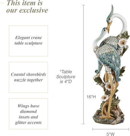 Devoted Cranes Table Sculpture Teal - Made of Resin Coastal Crane Shorebirds - Glitter Accents - Bird Statue - Flowers, Vining Leaves Base - Measures 5 Inches Wide, 16 Inches High