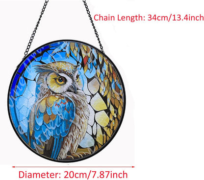 Hanging Stained Glass for Windows,20cm/7.87inch Owl Suncatcher Stained Glass Garden Hangings Ornaments Mother's Day Valentine's Day Halloween Fall Christmas Decor for Home (B Style)