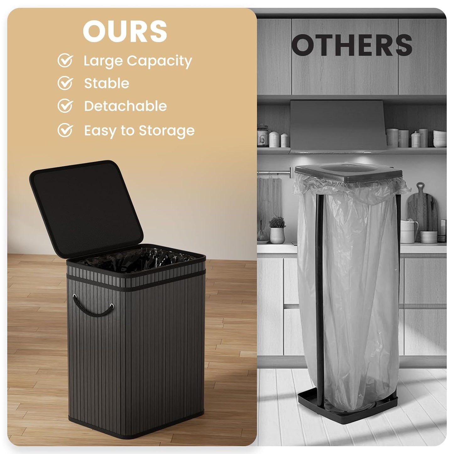 80 Liter/21 Gallon Large Trash Can with Lid, Garbage Bin Wastebasket Made of Bamboo, Outdoor Garbage Can/Waste Bin for Home, Office, Bathroom, Kitchen 24" HX15.8 WX11.8 D (Advanced Black)