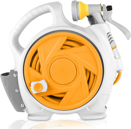 Kitness Mini Retractable Garden Hose Reel, Portable Simple Home 45+5 FT Hose Reel with 7 Adjustable Patterns Spray Nozzle&Standard Connector, Watering Hose Reel for Gardens Yards and lawns (Orange)