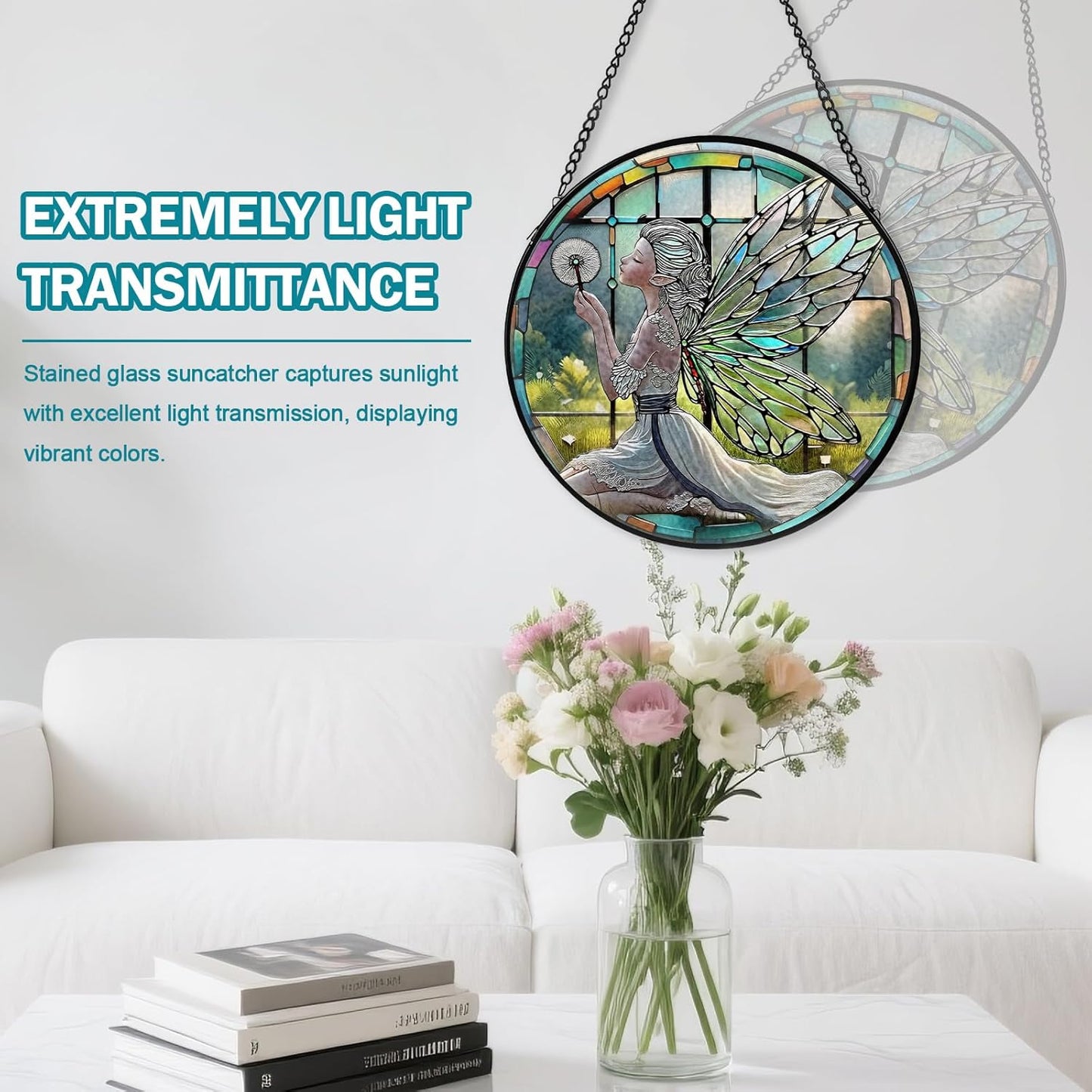 Dandelion Fairy Stained Glass Window Hanging, Suncatcher Diamond Glass Panel Hangings, Sun Catchers Indoor Windows Wall Art, Gifts for Mom Grandma, Christmas Decor for Home Garden Office 7.87 inches