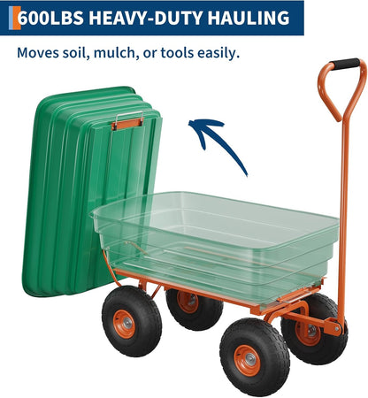 All-Terrain Garden Dump Cart with Removable Bed | 600Lb Heavy Duty Utility Wagon for Yard Work | 180° Pivoting Handle for Easy Control | Hauls Soil, Plants, Tools with Ease