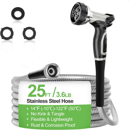 Garden Hose Metal 25 ft, Stainless Steel Water Hose with Upgrage Aluminum Nozzles, Flexible | Heavy Duty | Lightweight | No Kink | Anti-Bite Hose for Yard,RV Park, Outdoor Watering