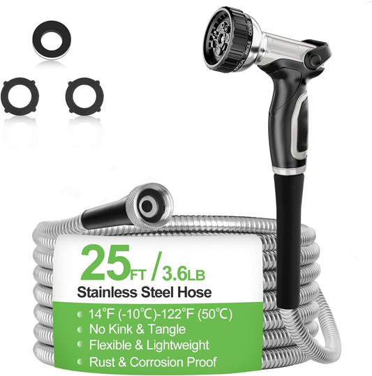 Garden Hose Metal 25 ft, Stainless Steel Water Hose with Upgrage Aluminum Nozzles, Flexible | Heavy Duty | Lightweight | No Kink | Anti-Bite Hose for Yard,RV Park, Outdoor Watering
