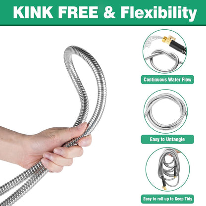 200Ft Metal Garden Hose durable stainless steel Water Hose, flexible, lightweight hose is resistant to kinks and tangles.With 10-way nozzle, strong 3/4” metal fittings, and a Stop Valve.