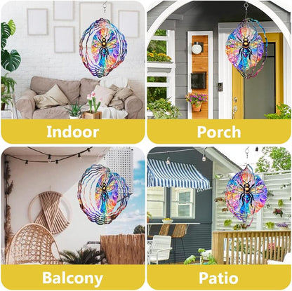 Bee Wind Spinner, 3D Hanging Stainless Steel Garden Spinner, Wind Spinner Hanging for Outdoor & Indoor Décor, Unique Gifts for Yard Garden Decoration or Patio Décor (Bee)