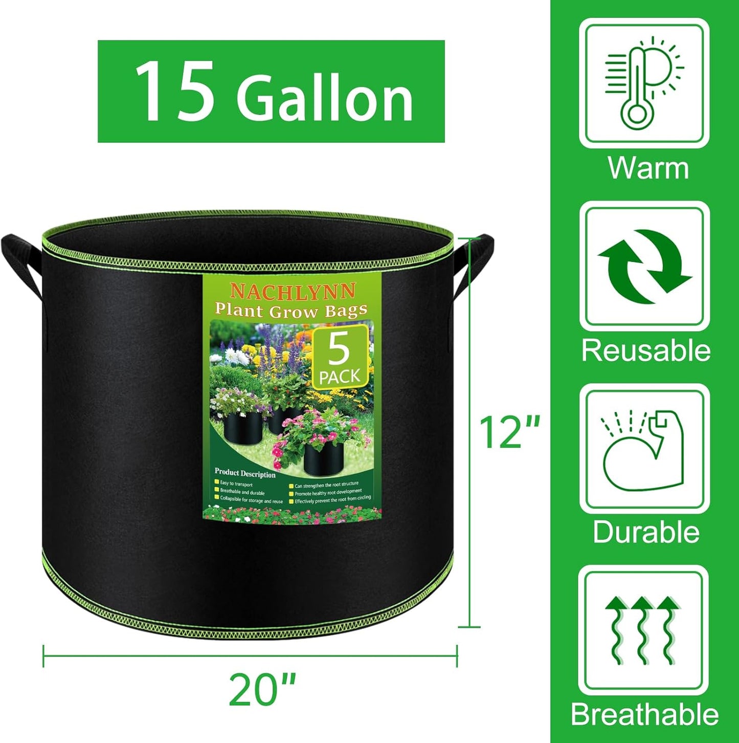 NACHLYNN 5-Pack 15 Gallon Grow Bags Thickened Nonwoven Fabric Pots Heavy Duty Aeration Fabric Pots with Handles Plant for Gardening Fruits Flowers Plant
