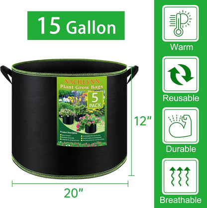 NACHLYNN 5-Pack 15 Gallon Grow Bags Thickened Nonwoven Fabric Pots Heavy Duty Aeration Fabric Pots with Handles Plant for Gardening Fruits Flowers Plant