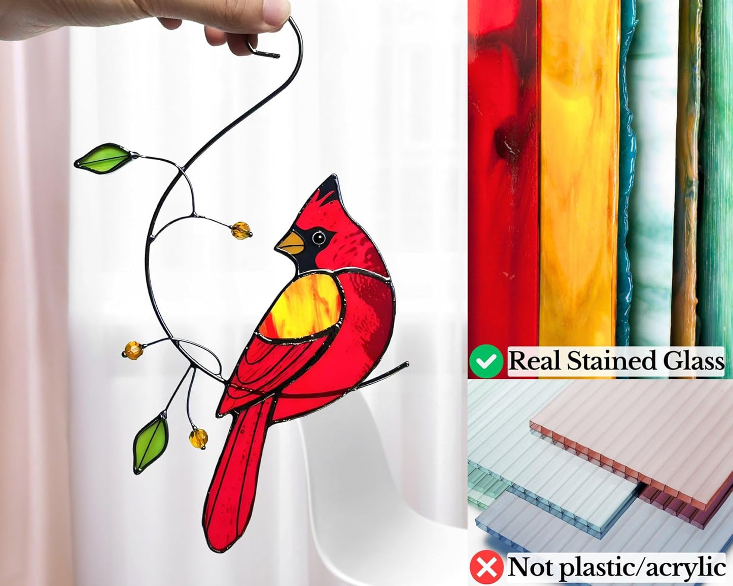 Red Cardinal Stained Glass Bird Suncatcher for Mom, Grandma, Women - Real Glass Window Hanging Ornament - Handmade Bird Lover Home Decor (Gifts Ready Packaging)