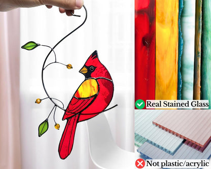 Red Cardinal Stained Glass Bird Suncatcher for Mom, Grandma, Women - Real Glass Window Hanging Ornament - Handmade Bird Lover Home Decor (Gifts Ready Packaging)