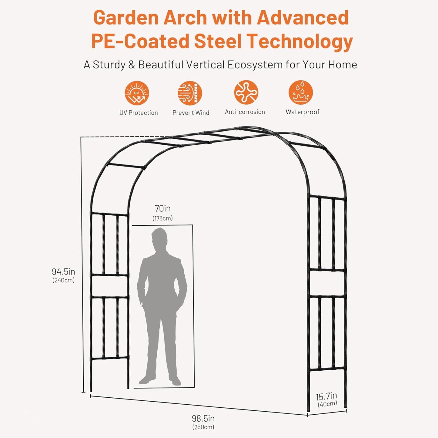 Garden Arch, 98.5’’x94.5’’ Arbor Trellis, Garden Arch Trellis for Climbing Plants Outdoor, Arbor for Flower, Climbing Vine Vegetable, Fruit and Lawn(Black)